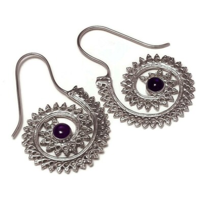 Amethyst Cabochon Gemstone Silver Overlay Handmade Bud Hook Drop Dangle Earrings