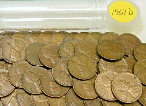 1951 D Denver Lincoln Wheat Cent Roll - 50 Coins - Circulated G-XF