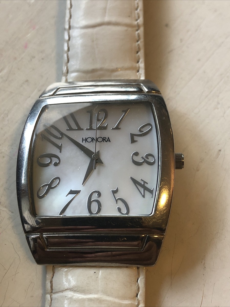 Honora Watch Women Silver Tone Square MOP Dial White Leather  display picture 3