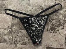 NWT VICTORIA'S SECRET O/S BLACK SILVER SEQUIN VINTAGE RARE V STRING PANTIES