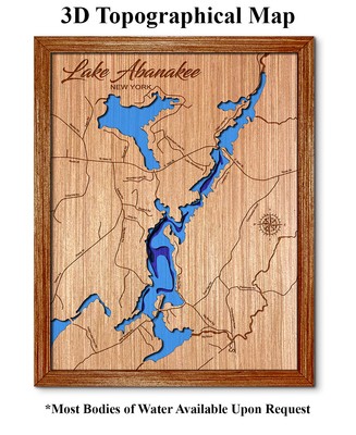 Lake Abanakee New York 3D laser cut wood lake map. lake house wall decor