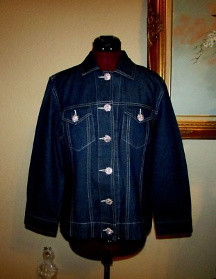 DRAPERS & DAMON'S PETITE SZ PL RHINESTONE CLUSTER BUTTON FRONT DARK DENIM JACKET