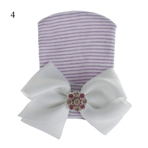 Newborn Baby Girl Infant Striped Soft Hat with Bow Cap Hospital Beanie Headband. - Picture 25 of 28