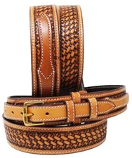 Mens Western Ranger Belt Leather Basket Weave Tooled Black Tan Brown