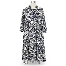 Zara Size Small Navy White Damask Print A-Line Long Sleeve Midi Shirt Dress