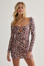 Nastygal Womens Mini Dress Leopard Print Ruched Keyhole Cut Out Long Sleeve