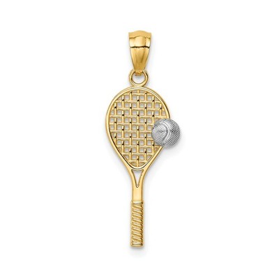 14k Gelb-Rhodium Tennisschläger Anhänger Netz Design mit Ball Unisex Charm