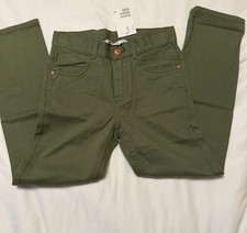 H M Boys Green Twill Pants Straight Leg Button Zipper Size 7-8 Y