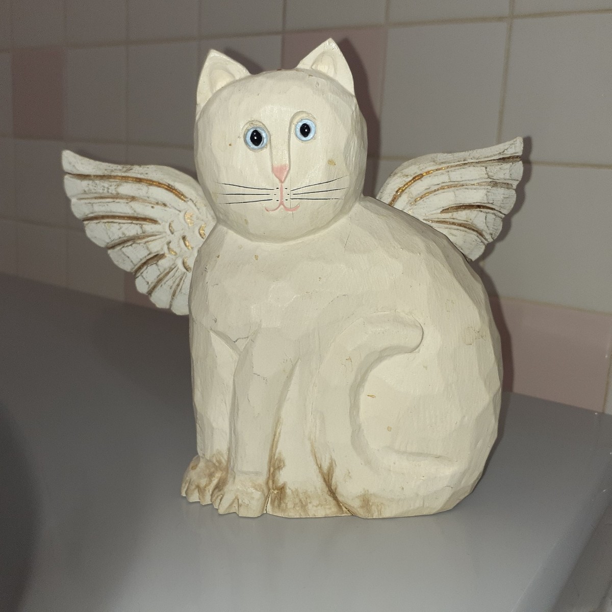 Vintage James Haddon Folk Art Hand Carved Wood Angel Cat 7.6