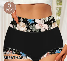 5pcs Elegant Panties Women's Floral Print High Waisted Soft Briefs