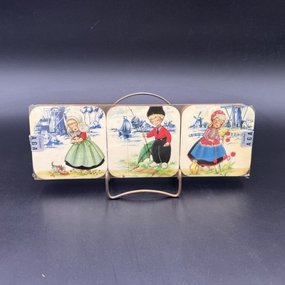 VTG Dutch Boy Girl Coaster Set NIB Windmill Folk Art Drink Coasters