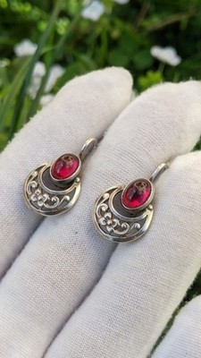 Vintage Soviet 925 Silver Earrings with Synthetic Ruby Cabochons, Deep Red Color