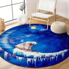 2D Flat Round Polar Bear on Moon Sleigh Christmas Night Sky Floor Mat--Friendly
