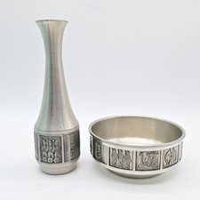 Vintage Konge Pewter Bowl & Vase With Viking Scenes