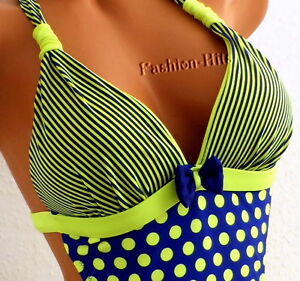 Monokini Bikini Badeanzug Gepunktet Gestreift Retro Vintage Neongrun Blau Xxs 32 Ebay