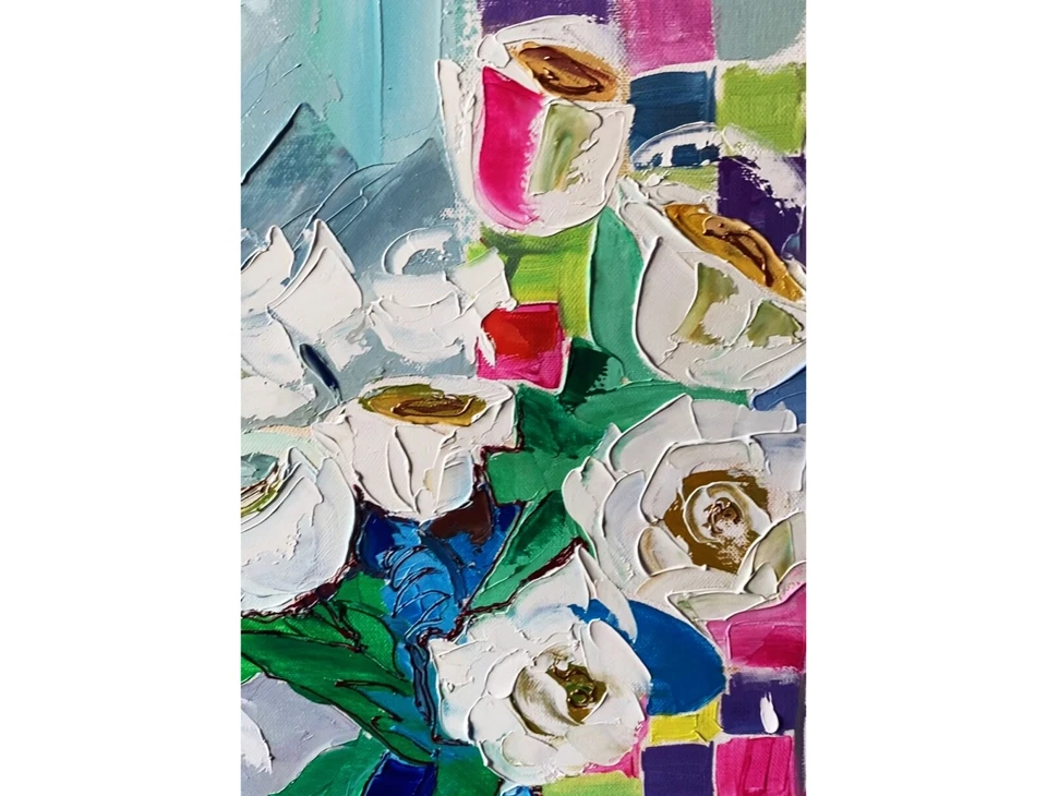 Lienzo Grande 27" ORIGINAL Pintura al Óleo Rosas Arte Pop Flor 3D Moderno Firmado Foto 3 de 4