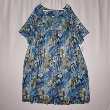 JoRo Vtg Kaftan House Dress 5X Blue Pleated Floral Midi Short Sleeve Pocket 70s