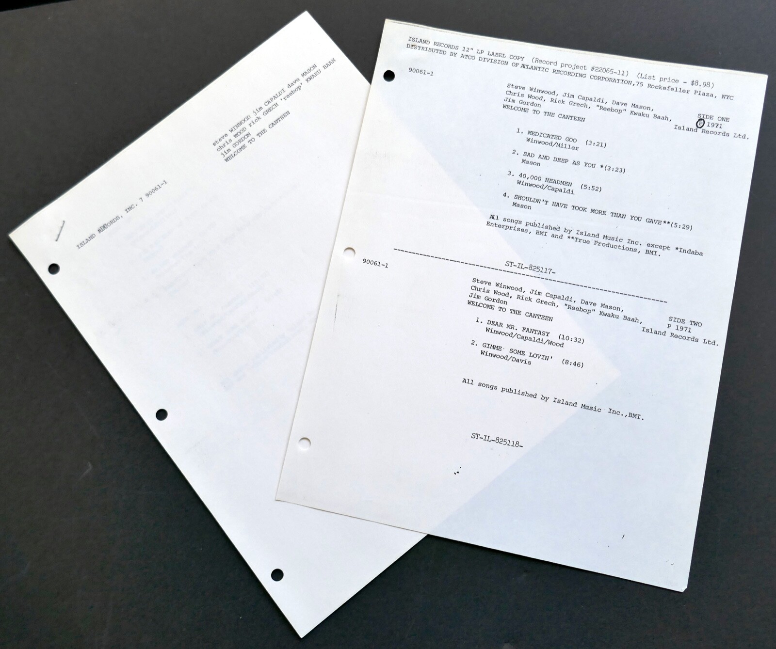 Traffic Mr Fantasy Welcome Canten Album Original Vintage Record Company Memo Lot