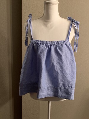 J Crew Top Tie Shoulder Blue Linen 