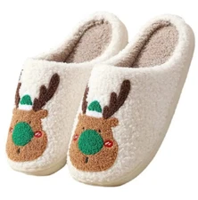 REINDEER Green Christmas Slippers Cute Comfortable Sherpa Lined Size (8-9) NEW