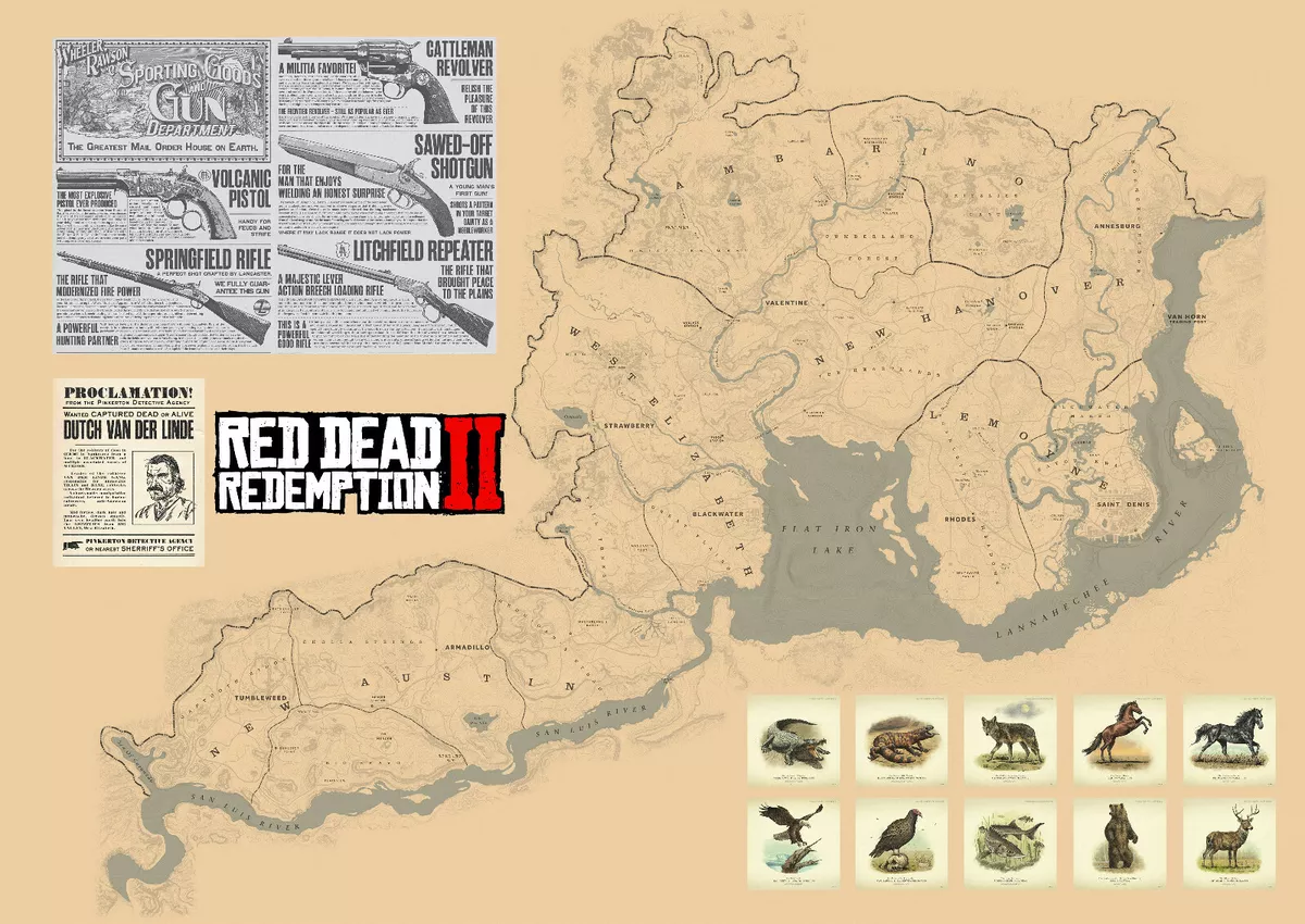 Red Dead Redemption 2, World/5 States Map, High Quality, A3/A2/A1 Prints