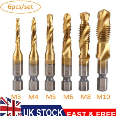 QNGENET 6PCS M3-M10 Drill Spiral Tap Bits HSS 1/4'' Hex Shank Metric Thread Cutter Set