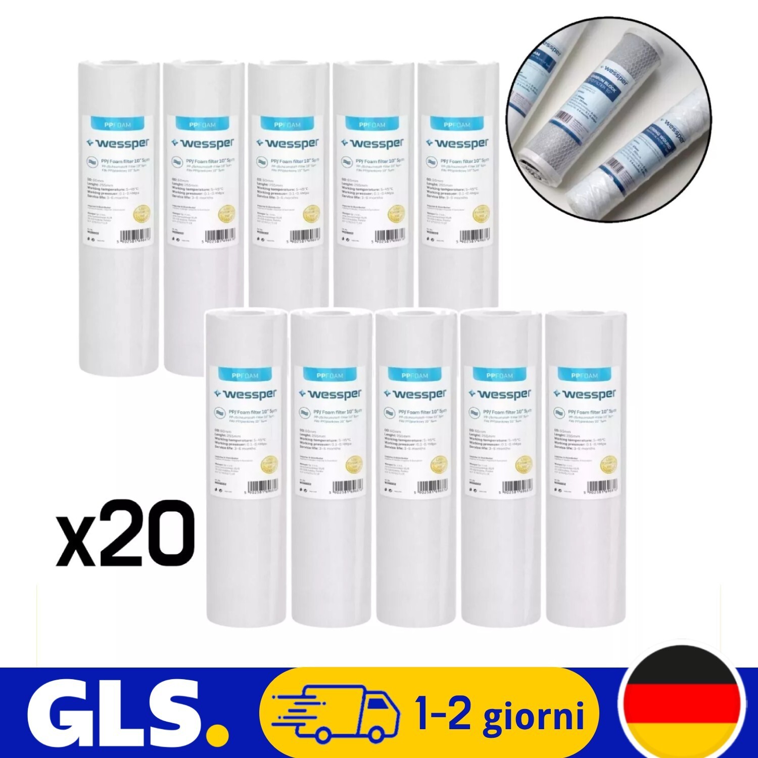 20x Cartuccia filtro acqua per sedimenti per osmosi inversa, 5 micron 10 pollici