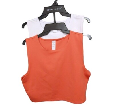 Yogalicious 2 Pc White Apricot Orange Nicki Muscle Crop Tank Tops Womens Size L