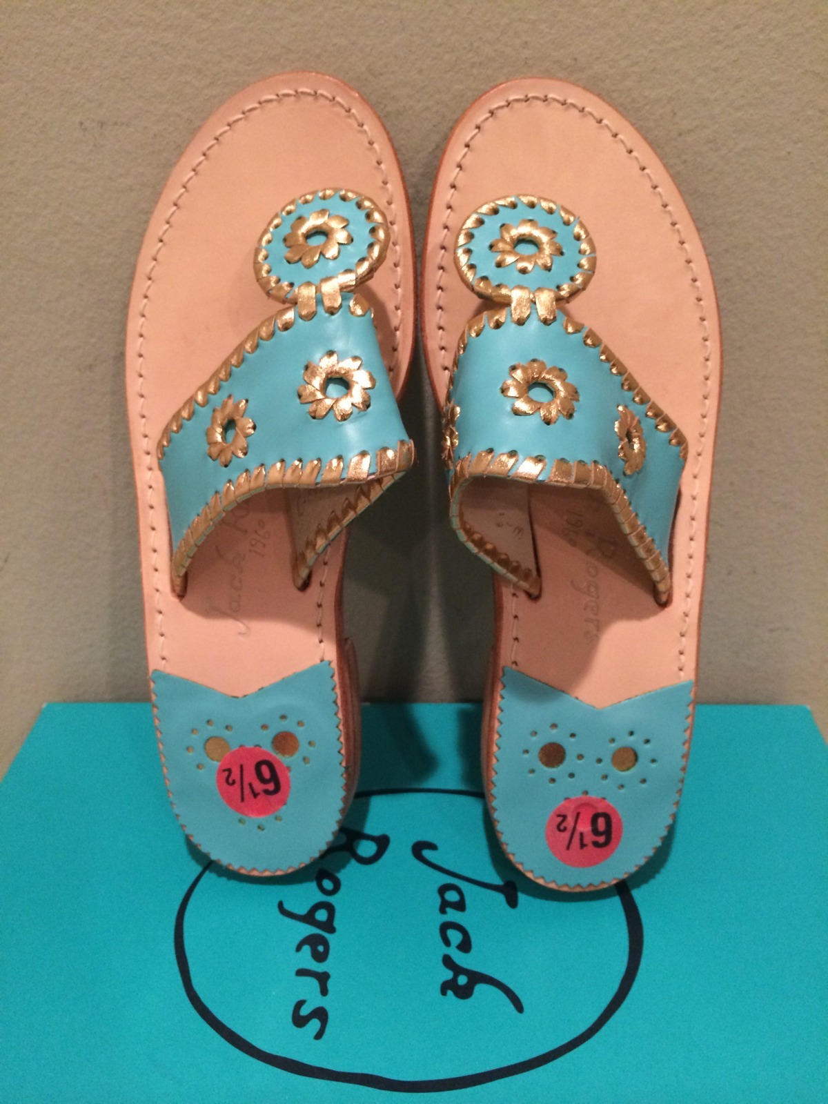 PANTOFOLA D’ORO Sandalo infradito Jack Rogers Nantucket blu caraibico oro piatto pelle 6 5