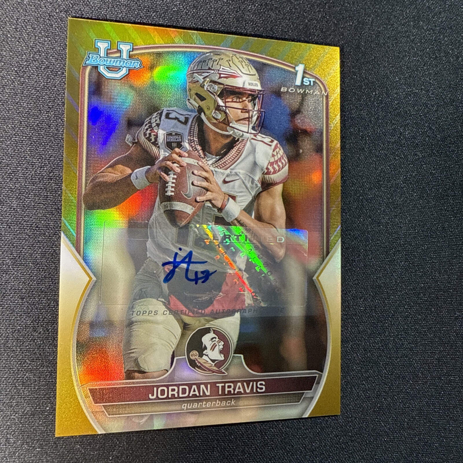 Jordan Travis 2022 Bowman Chrome University #31 Gold Refractor Auto /50