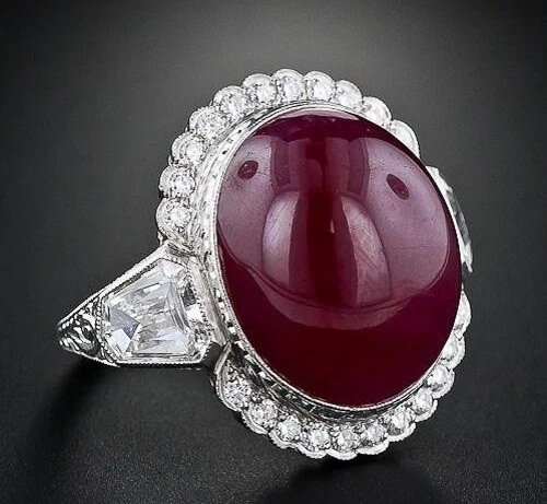 26 Carat Oval Cabochon Ruby & Round CZ Engagement Vintage 925 Silver Women Ring - Image 2 of 4