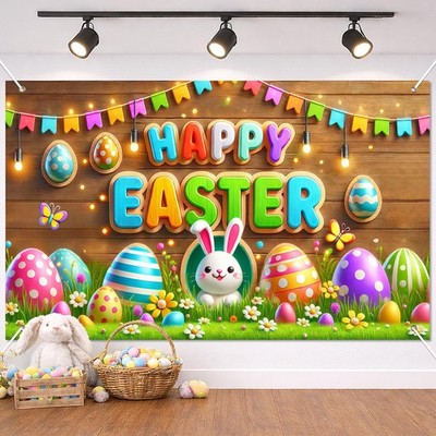 Happy Easter Party Backdrop Banner 71x43 Inch Cute Easter Bunny Backdrop Spri...