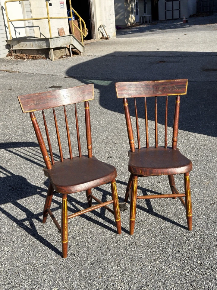 antique 1840s plank seat red & black yellow primitive chairs folk art set - Image 3 of 4