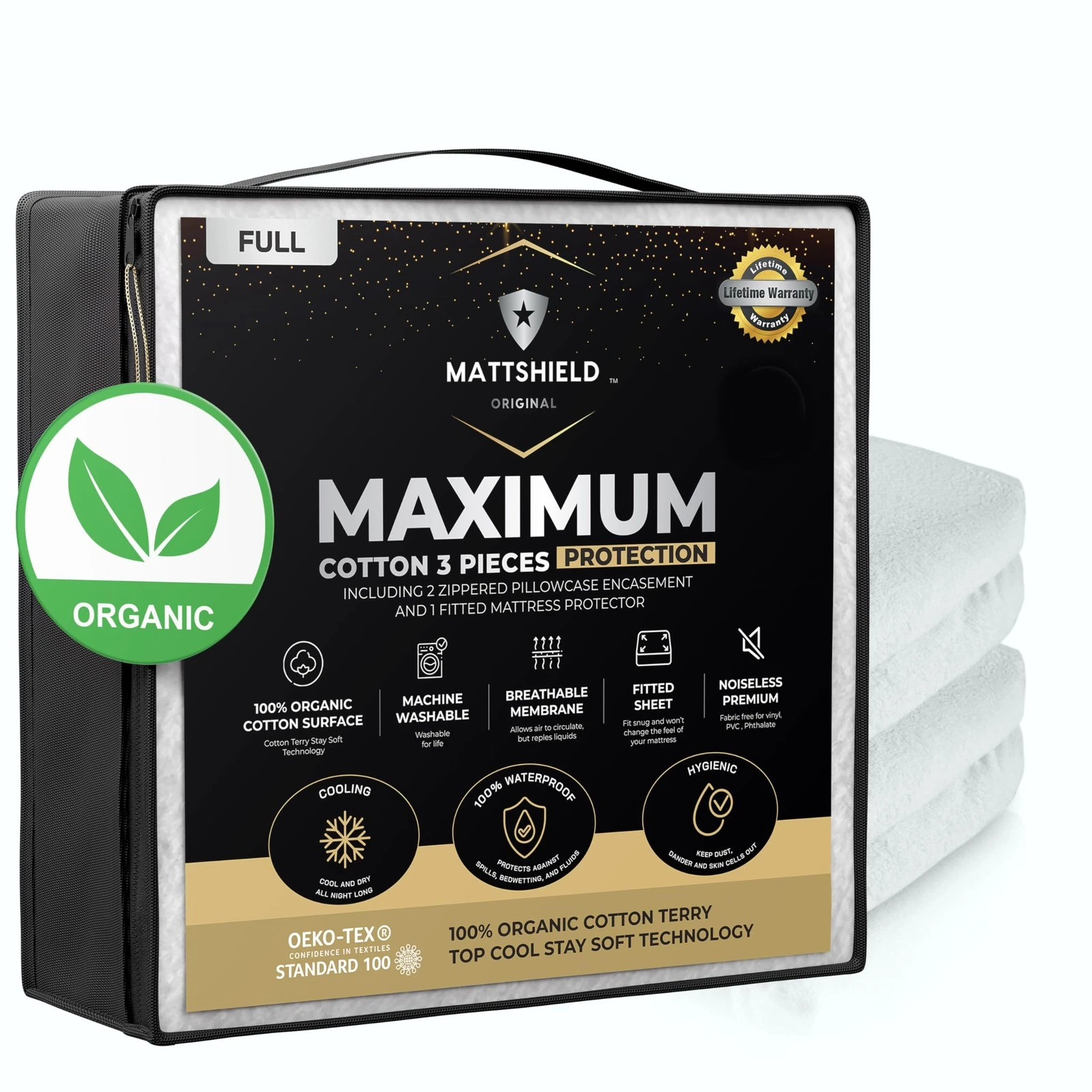 MATTSHIELD Maximum 3-Piece Kit - Waterproof Organic Cotton Terry Mattress Pro...