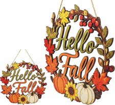 Hello Fall Door Sign for Front Door - Wooden Fall Wreath Sign Hanging Plaque,