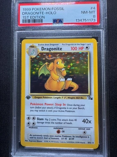 1999 POKEMON FOSSIL 1ST ED #4 DRAGONITE-HOLO PSA 8 NM/M