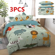 3PCS Green Different Animals Duvet Cover Set Soft Bedding Set With 2 Pillowcases