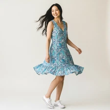 Cynthia Rowley Retro Blue Paisley Dress Sz 12 Sleeveless Ruffle Hem