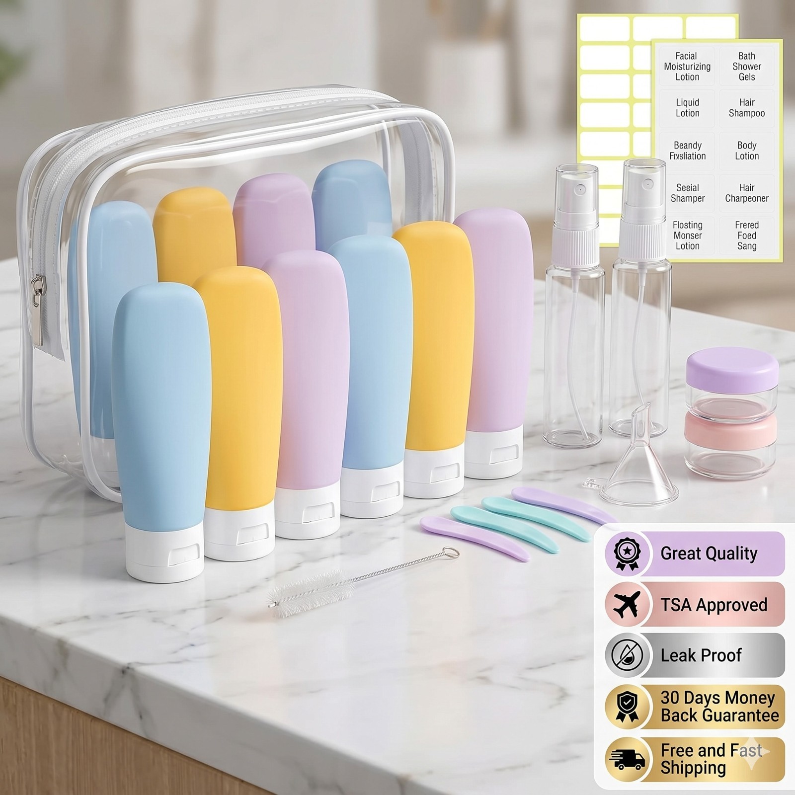 20 Pack Travel Bottles Set for Toiletries TSA Approved, Leak Proof Travel Size