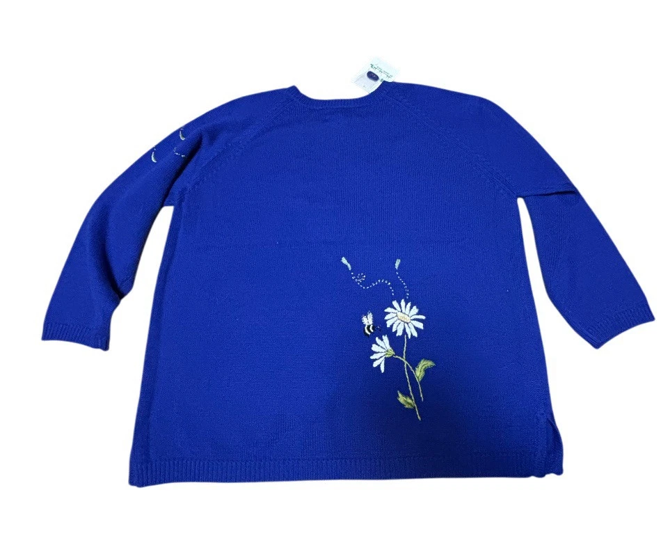 NWT Quacker Factory Sweater Women's 1X Blue With Flowers Bees Embroidered Back - Image 2 of 4