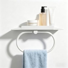 White Hand Towel Ring with Shelf, Wall Mounted Metal Towel Holder with Platfo...