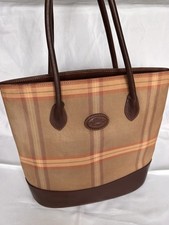 Burberry Beige Check Canvas Tote Bag Leather Trim Zip Top Brown Straps Pockets
