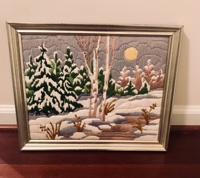 art beautiful 70's needlepoint yarn snowy outside picture excellent condition ebay art beautiful 70's needlepoint