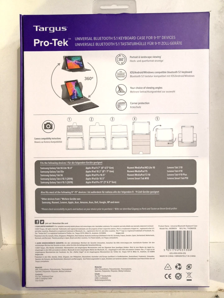 TARGUS Universal Tasche TH861DE PRO TEK Bluetooth Tastatur KEYBOARD CASE 9-10.5 - Bild 4 von 4