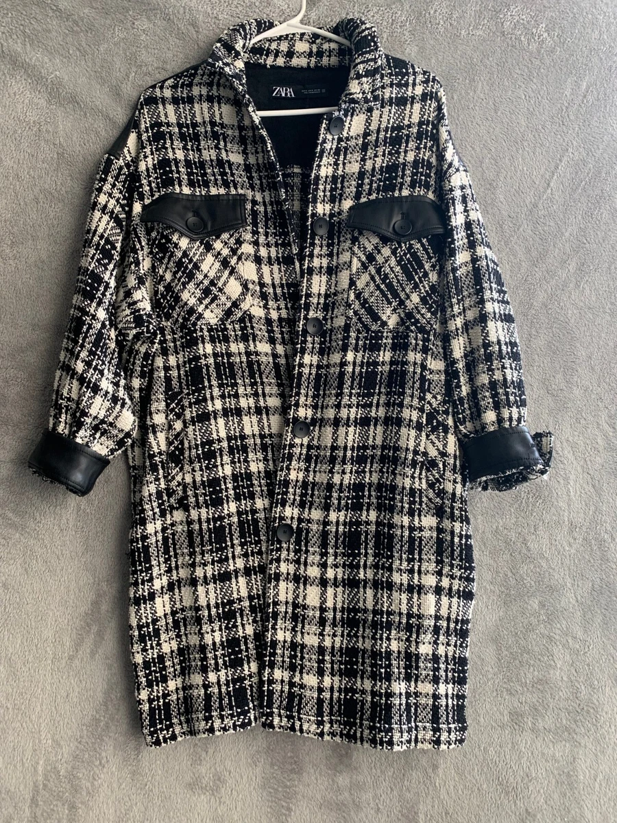 Manteau femme Zara taille S noir blanc tweed boutonn veste cuir faux