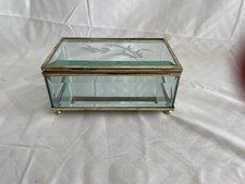 Vintage Jewelry Box Brass Beveled Glass Mirrored Etched Trinket Jewelry Box