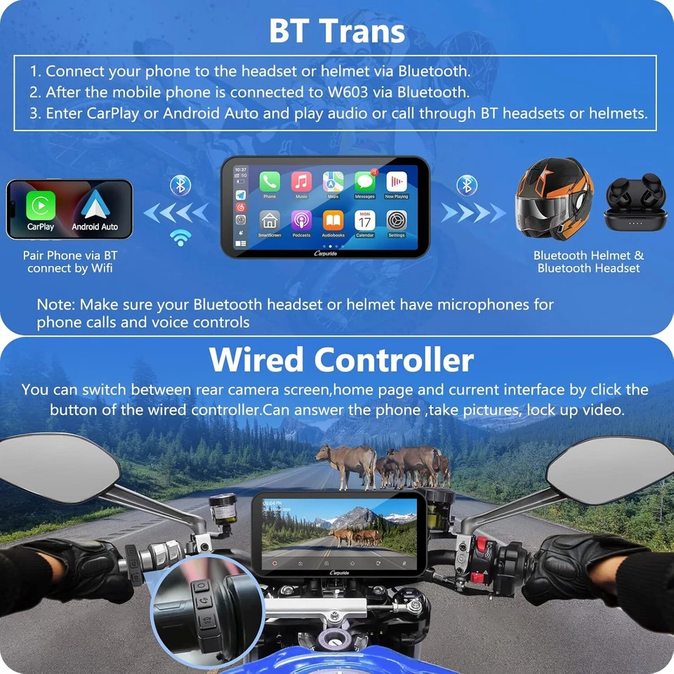 Carpuride W603D Wireless CarPlay Android Auto Wasserdichter Touchscreen für Moto - Bild 4 von 4