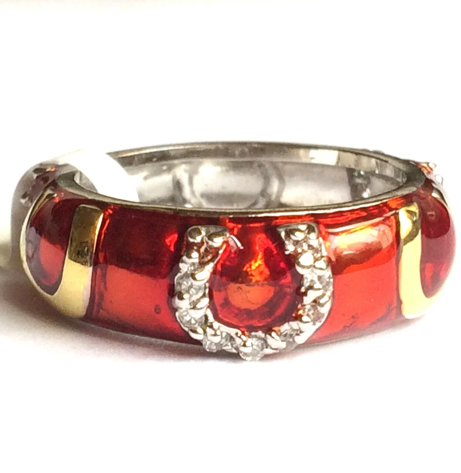Red Enamel Ring Band Size 7 8 9 10 Cubic Zirconia Eternity Silver Rhodium Plated - Image 4 of 4
