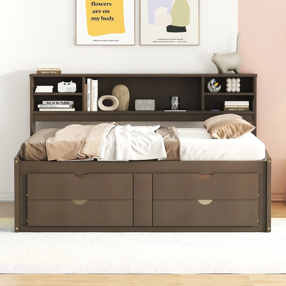 Full Size Wood Daybed w/Built-in Side Cabinets, Bookshelves, 4 Storage Drawers - Image 2 of 4