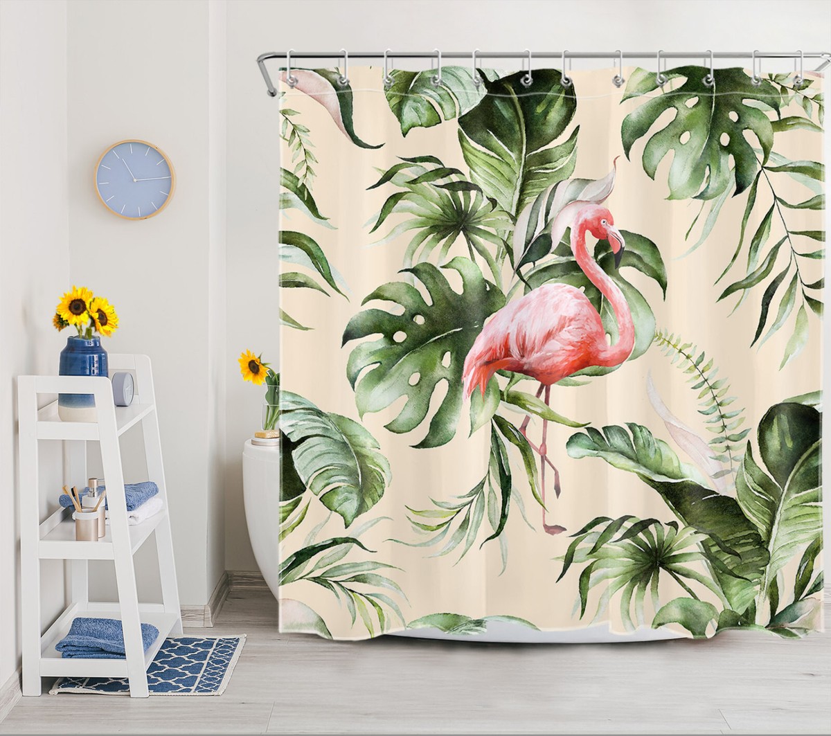 Green Tropical Plant Pink Flamingo Beige Shower Curtain Bathroom